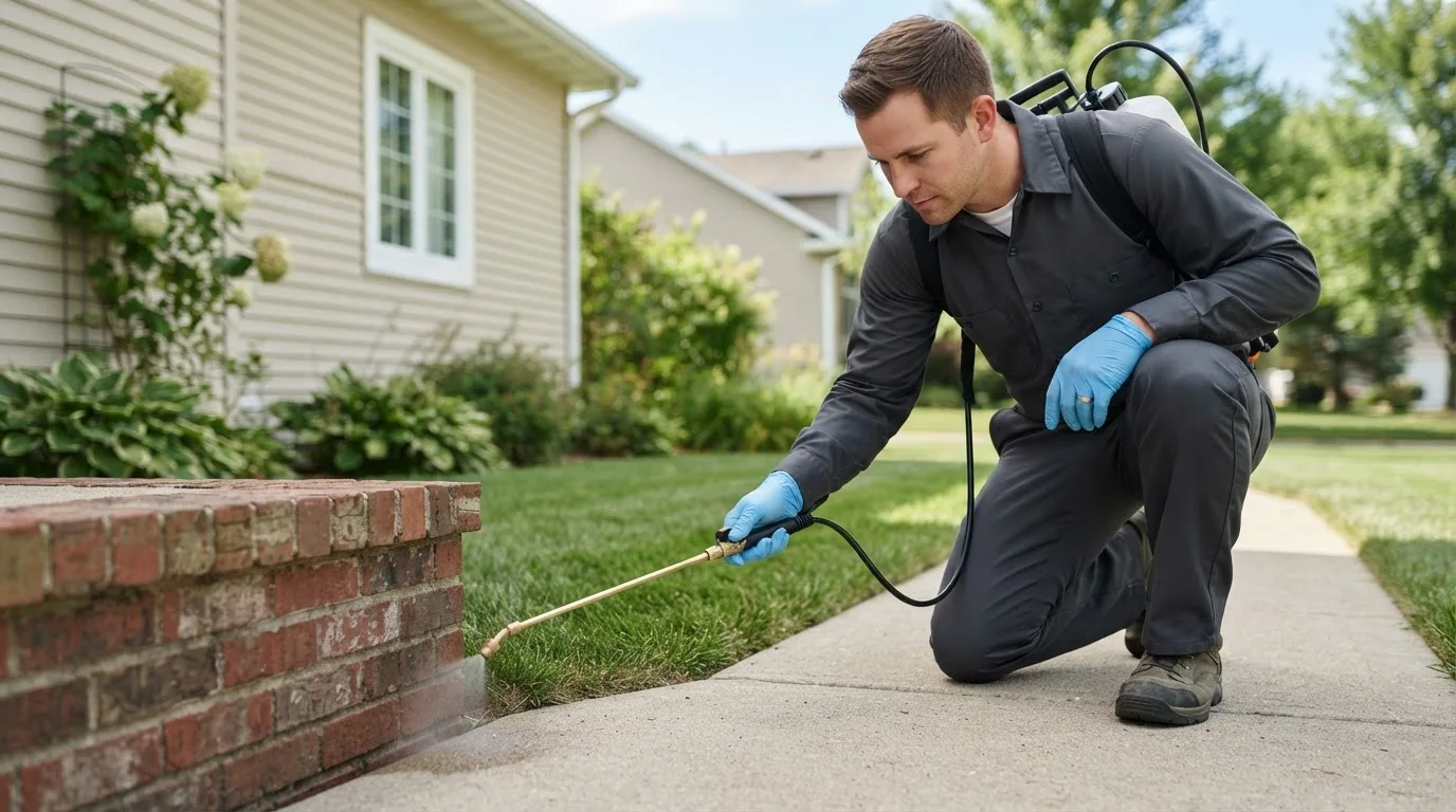 Pest control technician treating a home near Lexington, IL